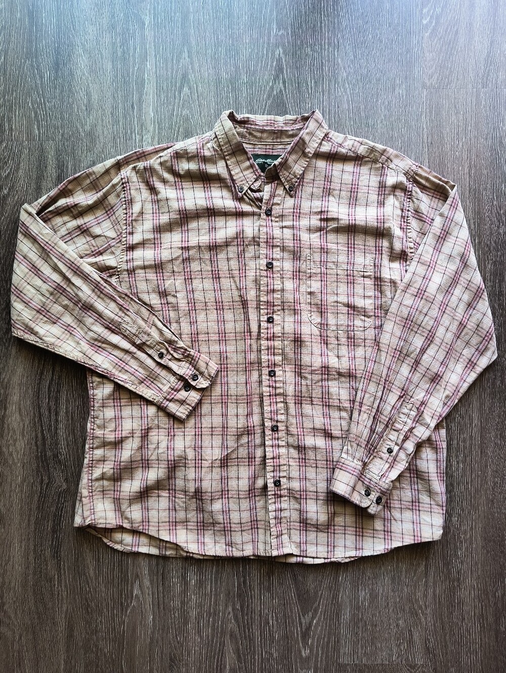 Eddie Bauer Tan Plaid Button-Down Shirt with Red Stripes Xl Outdoor